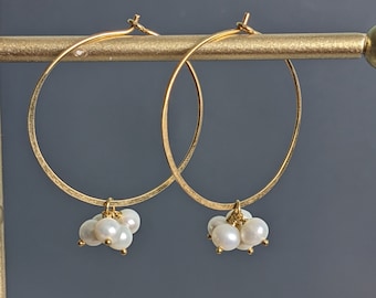 24K Gold Filled Pearl and Gold Hoop Earrings, Bridal Wedding Jewelry Minimal Design, June Birthstone, Wedding Bridesmaid Gifts