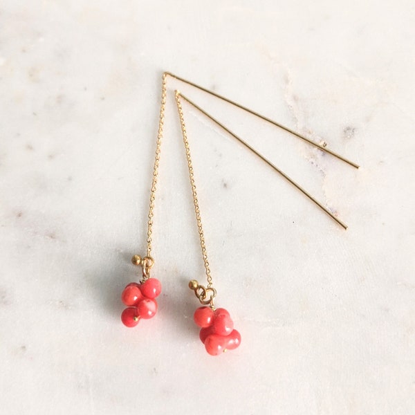 Red Coral Gold Filled Long and 24 K Gold Filled Vermeil Charm Chain Ear Threader Earrings, Birthstone, Handmade, Coral Thread Earrings