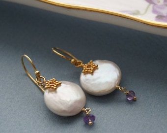 White Freshwater Coin Pearl 24 K Gold Filled Amethyst Earrings, Wedding Jewelry, June Birthstone, February Birthstone, Gift for Mother, Wife