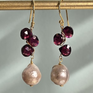 White Baroque Pearl and Garnet Drop Gold Filled Earrings, Pearl Garnet Briolette Earrings, June Birthstone, Bridal Jewelry, Gift for Mother