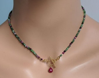 Ruby Focal Teardrop Ruby in Zoisite Necklace 24 K Gold Filled Vermeil Necklace, Luxury Necklace, Statement Necklace, July Birthstone