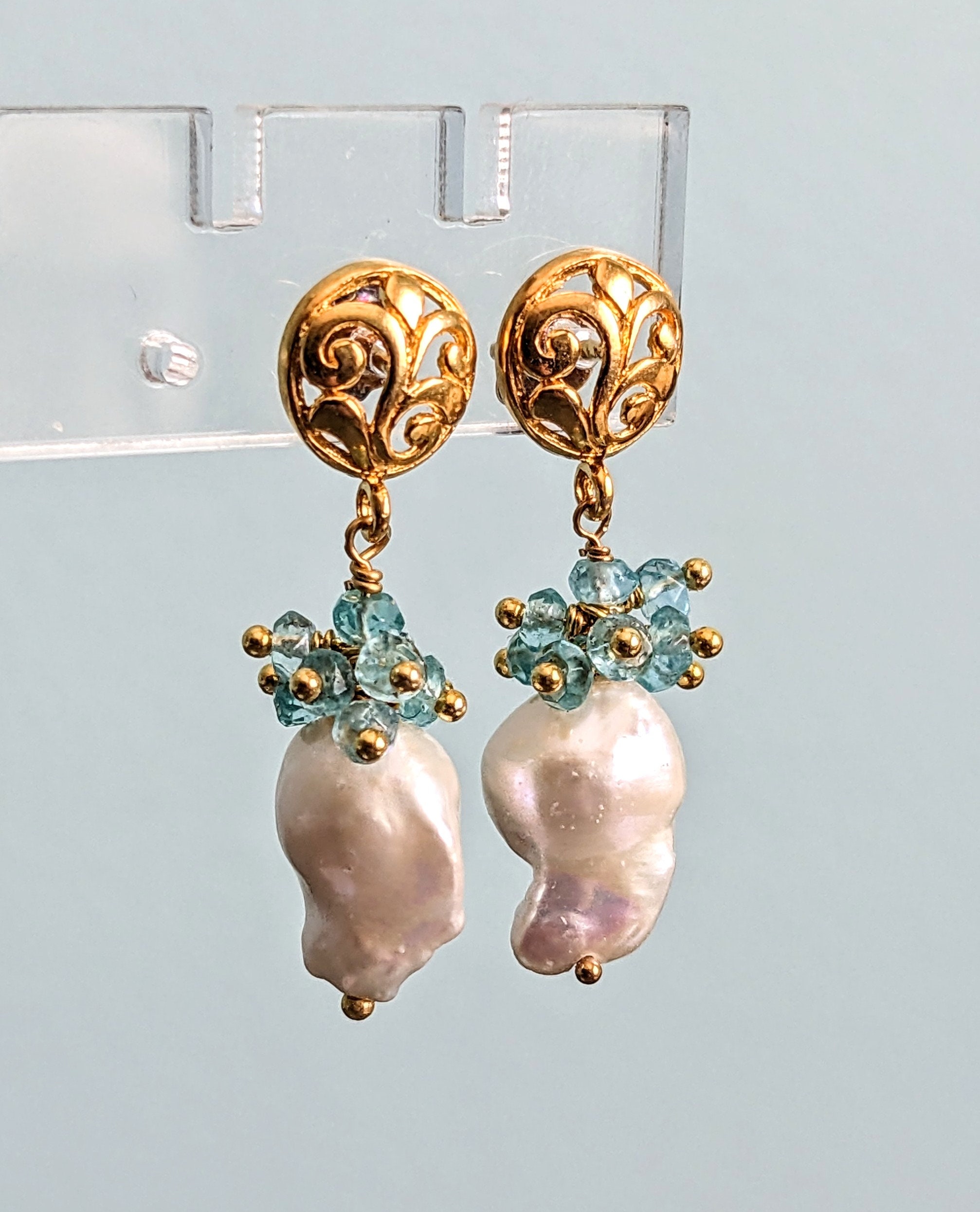 Baroque Pearl Earrings, Swiss Topaz, 24K Gold Filled, June