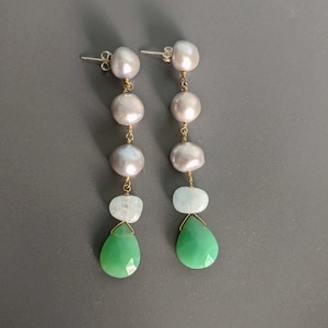 Baroque Gray Freshwater Pearl Aquamarine Chrysoprase 24 K Gold Filled Sterling Silver Long Stud Post Drop Earrings, Gift for Mother, Wife