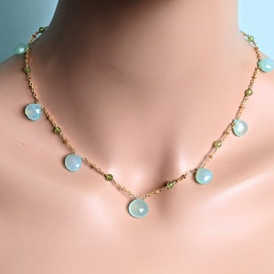 Aqua Blue Faceted Chalcedony Teardrop and Peridot Cluster 24 K Gold Filled Necklace, Modern Bridal Jewelry, Beach Wedding, August Birthstone