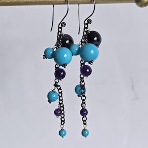 Multicolor, Amethyst and Turquoise Long Dangle Earrings, February Birthstone, Cartier style Les Delices de Goa Multigem Cocktail Earrings