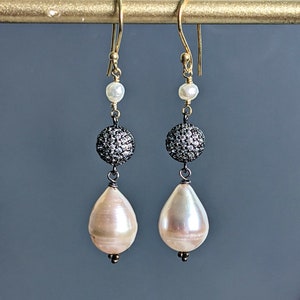 Baroque Pearl Dangle Earrings, Rhinestone Statement 24 K Gold Filled Silver Earrings, Bridal Jewelry, Wedding Earrings, June Birthstone
