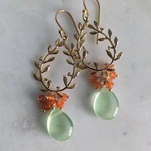 Gold Leaf Chandelier Dangle Carnelian and Chalcedony 24 K Gold Filled Earrings, Bridesmaids Earrings, Prom Earrings, Gift for Mother, Wife