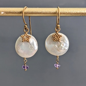 White Freshwater Coin Pearl 24 K Gold Filled Amethyst Earrings, Wedding Jewelry, June Birthstone, February Birthstone, Gift for Mother