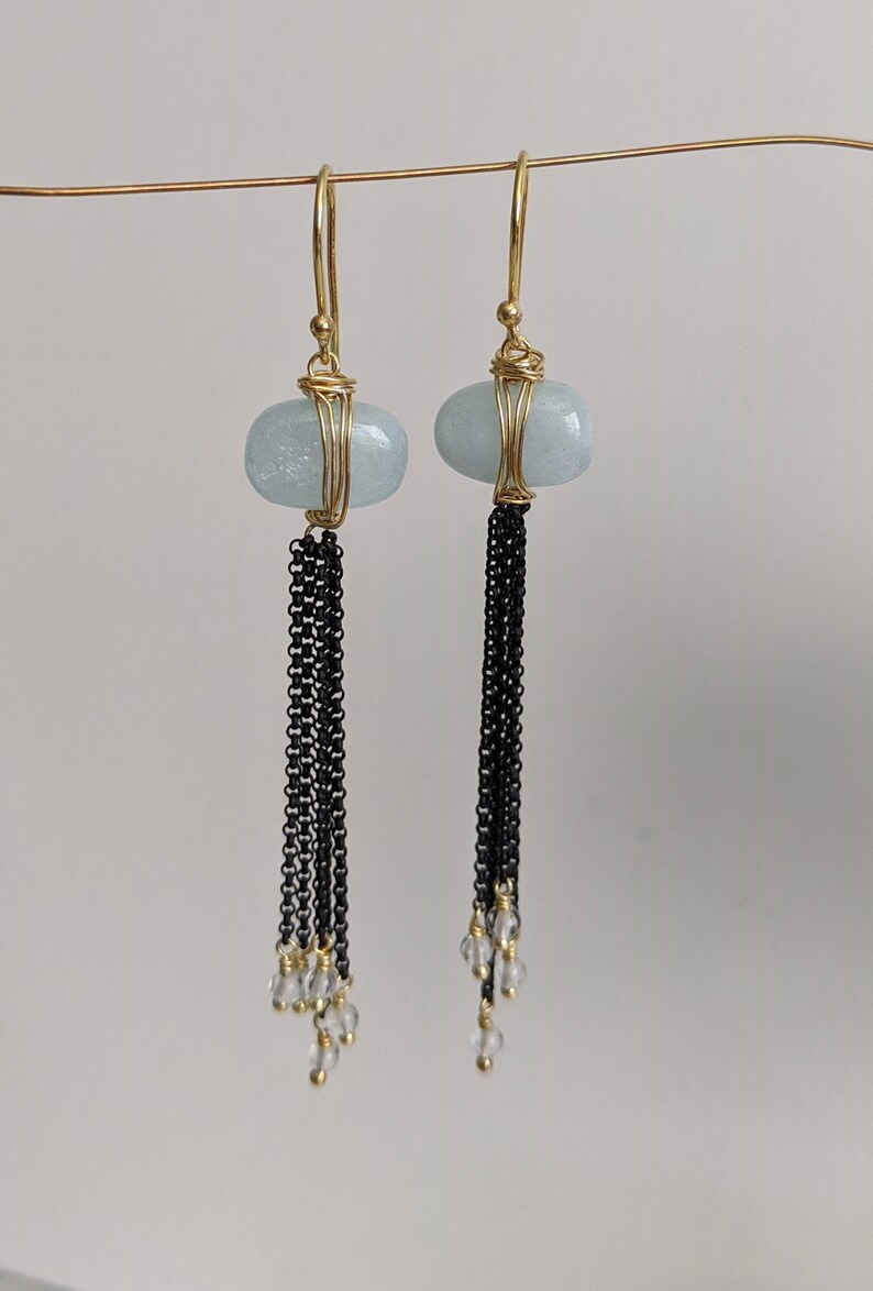 Gold Filled Wire Vermeil Earring Gemstone Earrings Aquamarine and Mixed Metal Long Chain Earrings March Birthstone Modern Bridal Jewelry