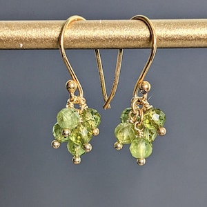 May include: Gold earrings with green gemstone clusters. The earrings are dangle style with a small loop at the top for attaching to an ear.