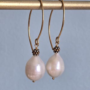 Mixed Metal Freshwater Baroque Pearl Drop 24 K Gold Filled Marquise Hook Earrings, Wedding Earrings, June Birthstone, Gift for Wife, Mother