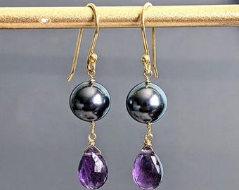 Gray Mallorca Pearl and Amethyst Teardrop 24 K Gold Filled Vermeil Earrings, Long Earrings, Bridal Jewelry, February and June Birthstone