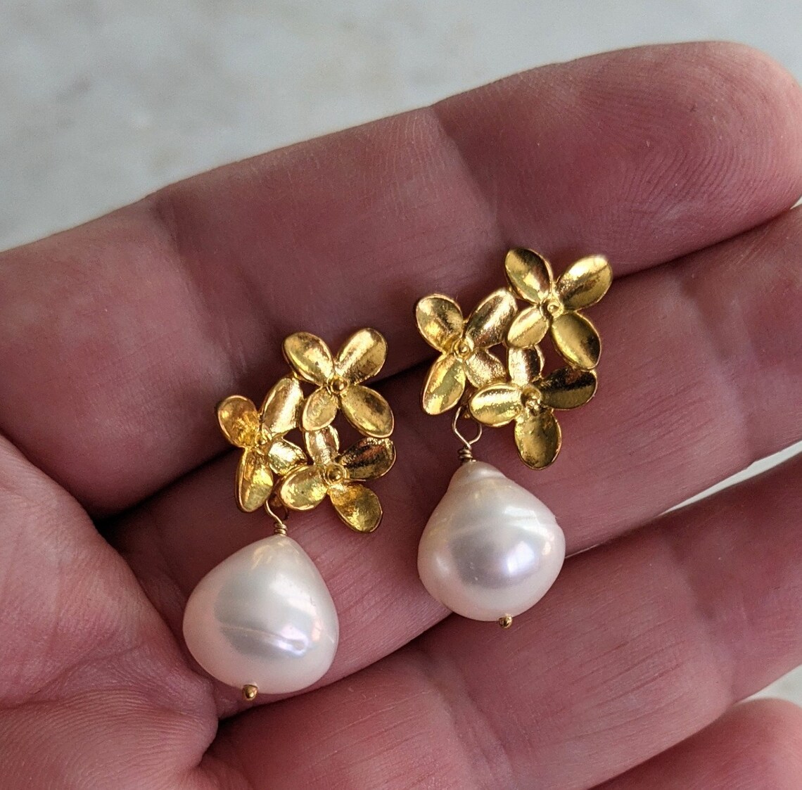 Gold Floral Pearl Stud Earrings White Baroque Freshwater Etsy