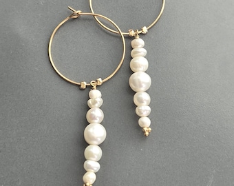 24K Gold Filled Freshwater Pearl Hoop Earrings, Elegant Bridal Jewelry, June Birthstone, Gift for Mother, Wife, Sister