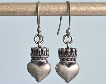 Sterling Silver Heart Crown Dangle Earrings, Bridal Jewelry, Gift for Mother, Wife, Sister