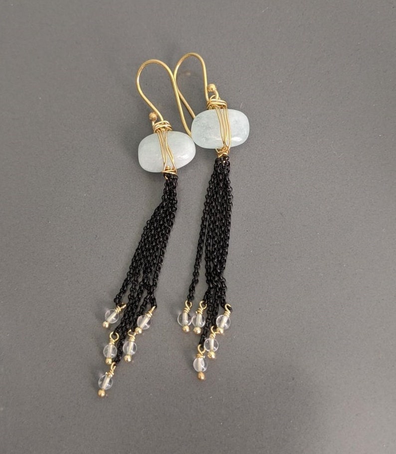 Gold Filled Wire Vermeil Earring Gemstone Earrings Aquamarine and Mixed Metal Long Chain Earrings March Birthstone Modern Bridal Jewelry