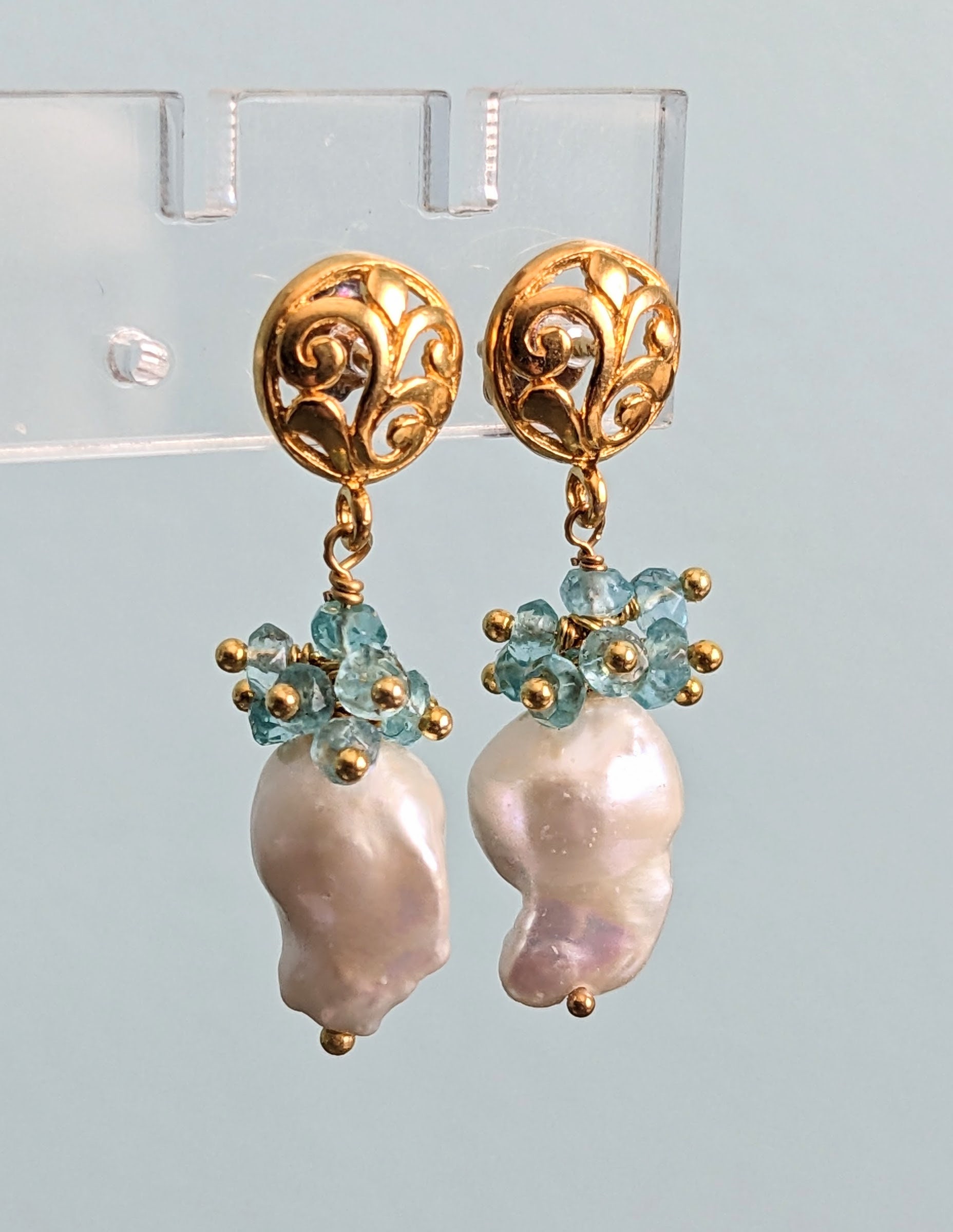 Baroque Pearl Earrings, Swiss Topaz, 24K Gold Filled, June