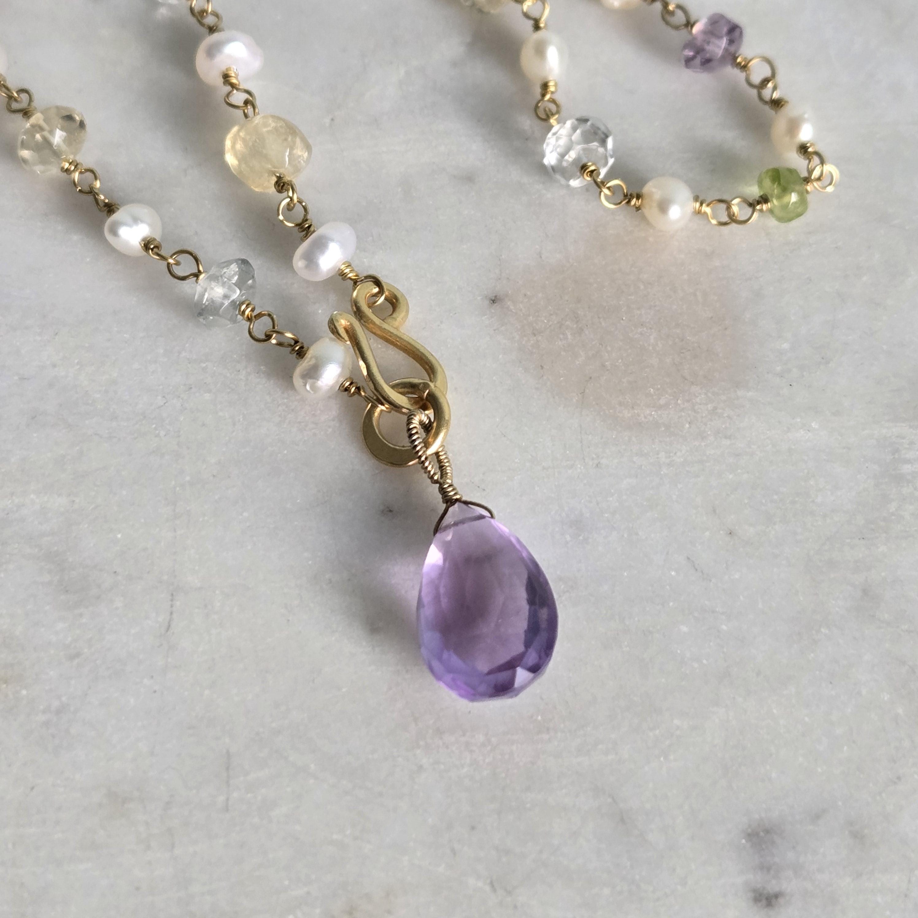 Front Clasp Mix Gemstone and Keshi Pearl Necklace 24 K Gold