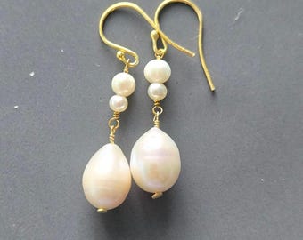 Baroque Freshwater Pearl Earrings, 24K Gold Filled Wire Wrapped Dangle, June Birthstone, Gift for Mother, Wife, Sister
