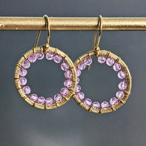 Brushed Gold Hook, Rose Quartz Earrings, Gold Mason Circle Earrings, Gift for Mother, Wife, Sister