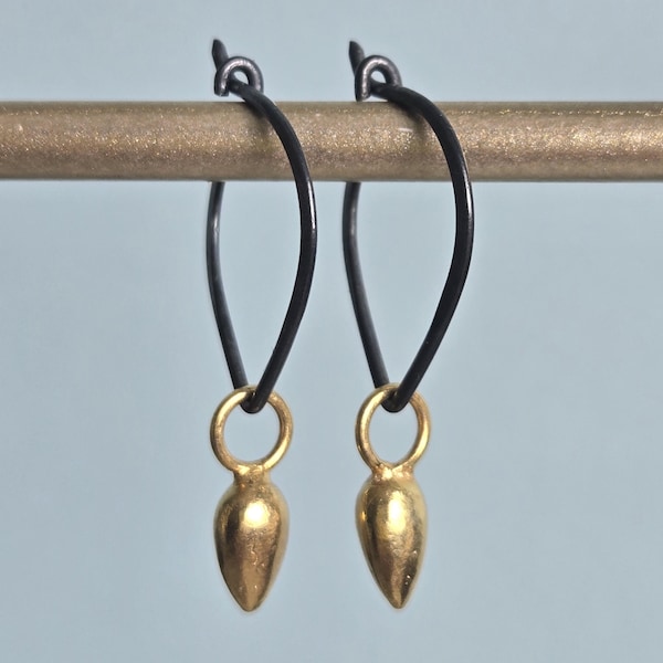 Tiny Drop Earrings Silver Hoops 24 K Gold Teardrop Dangle Earrings, Bali Black Silver, Lotus Petal Hoops, Acorn Earrings Seed Pod Earring