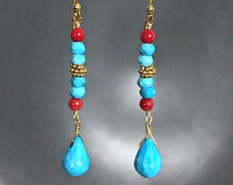 Turquoise Coral Gold Filled Stick Earrings, Gemstone Teardrop Briolette