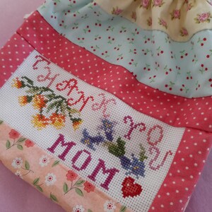 Mother&#39;s day drawstring bag in patchwork and cross stitch/ Mother&#39;s day present bag/ mother&#39;s birthday patchwork bag/ goody bag patchwork
