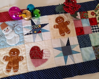 patchwork Christmas runner/ Christmas quilt applique /snowman gingerman bread table topper/Christmas quilt star snowman applique/blue red