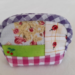 quilted pastel mini pouch/ patchwork mini pouch with embroidered cherry/quilted mini pouch patchwork/pink green cherry pouch/quilt mini case