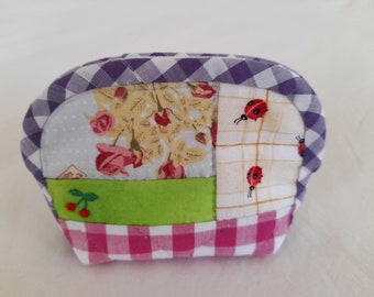 quilted pastel mini pouch/ patchwork mini pouch with embroidered cherry/quilted mini pouch patchwork/pink green cherry pouch/quilt mini case