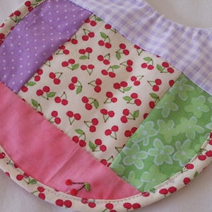 Patchwork baby bib with cherry / quilted baby bib pink green / hand made baby bib / baby shower present / present for baby