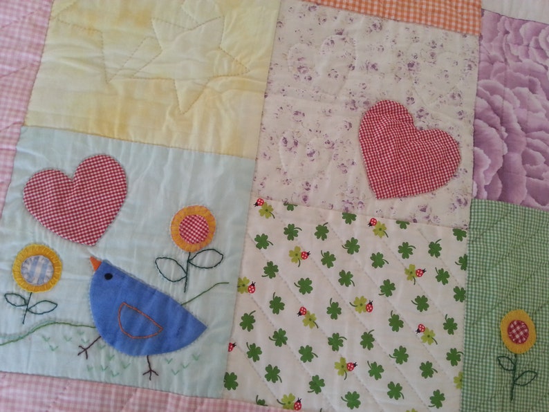 flowers Crib quilt with appliqued animals Baby Quilt with appliqued animals Newborn baby quilt with rabbit bird flowers and hearts