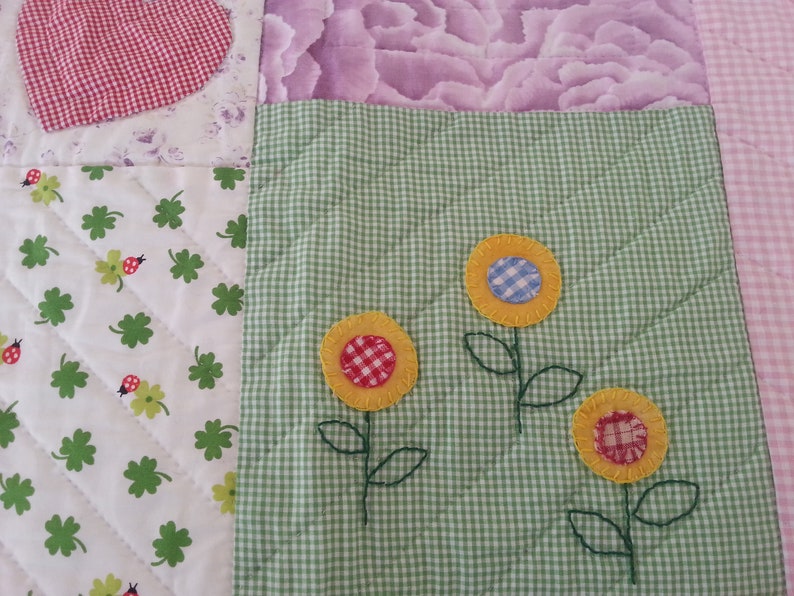 flowers Crib quilt with appliqued animals Baby Quilt with appliqued animals Newborn baby quilt with rabbit bird flowers and hearts