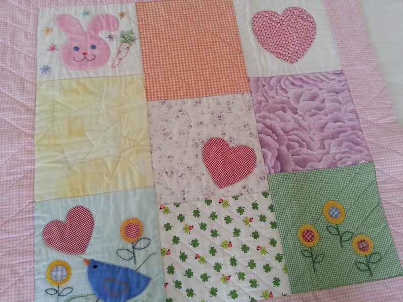 flowers Crib quilt with appliqued animals Baby Quilt with appliqued animals Newborn baby quilt with rabbit bird flowers and hearts