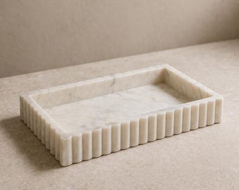 Natural Marble Fluted Tray, White Stone Vanity Decor, Perfume Tray Display Organizer