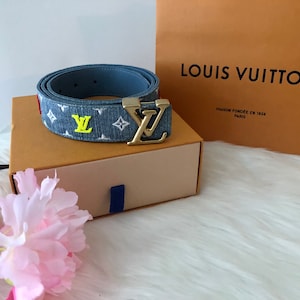 Authentic Louis Vuitton New Wave LV Monogram Blue Denim Belt with Gold V  Buckle/Made in Spain/Size 33 -36/Stylish/Rare Find