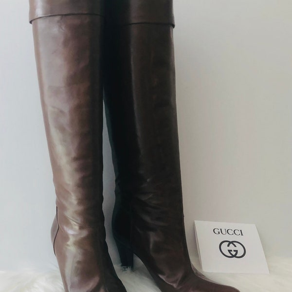 On Sale!! Authentic Gucci Polished Genuine Leather Pull-on Heeled Tall Boots/Brown/Gorgeous Vintage/Made in Italy/Size US 6.5/Gift for Her