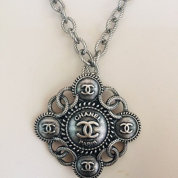 Authentic Chanel Silver-Gunmetal Medallion Statement Necklace(or Statement Bracelet)/CC Logos/Cross/Gorgeous Vintage/France