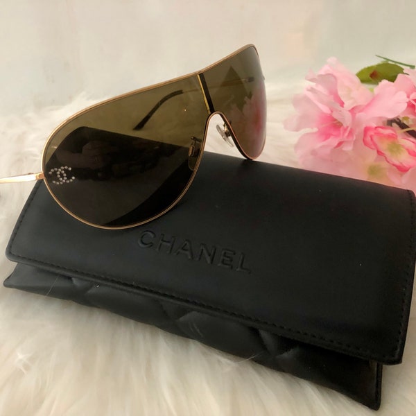 On Sale! Authentic Chanel Rimless Goggle style Sunglasses with Gold plated frame/Italy/Gift for Her