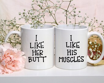 His and Hers...Funny Coffee Mug...Couple Mugs...I Like Her Butt...I Like His Muscles...Better Half Mugs...Mug...Tea...Gifts...Funny Gifts