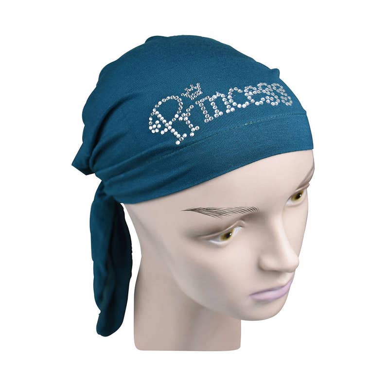 Dark Turquoise Pretied Kids Headscarf Cute Childrens Sparkly Alopecia Scarf Chemo Cap Hair Loss Head Cover With Princess Applique Hair Snood