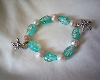 Handmade Ocean Sea-Themed Pearl, Aqua, and Starfish Bracelet