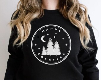 Happy Solstice Crewneck, Solstice Crewneck, Yule Pullover Sweater, Christmas Pullover, Pine Tree Sweater, Starlight Pullover, Gifts for Yule