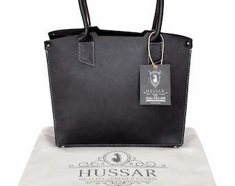 Hand-Sewn Vegetable Tanned Leather Tote Bag: Minimalist Work Laptop Shopper with Brass Feet