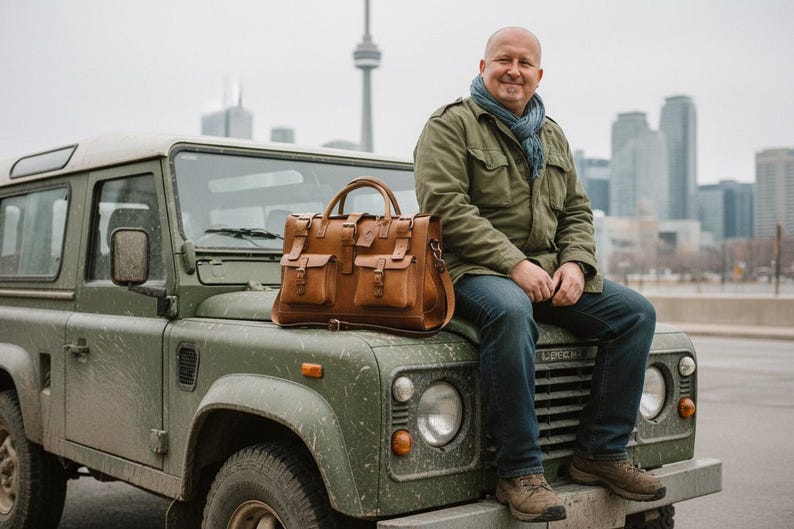 May include: A tan leather briefcase with multiple pockets and a top handle rests on the bonnet of a green vintage SUV. The briefcase has a classic design and is made of high-quality leather.
