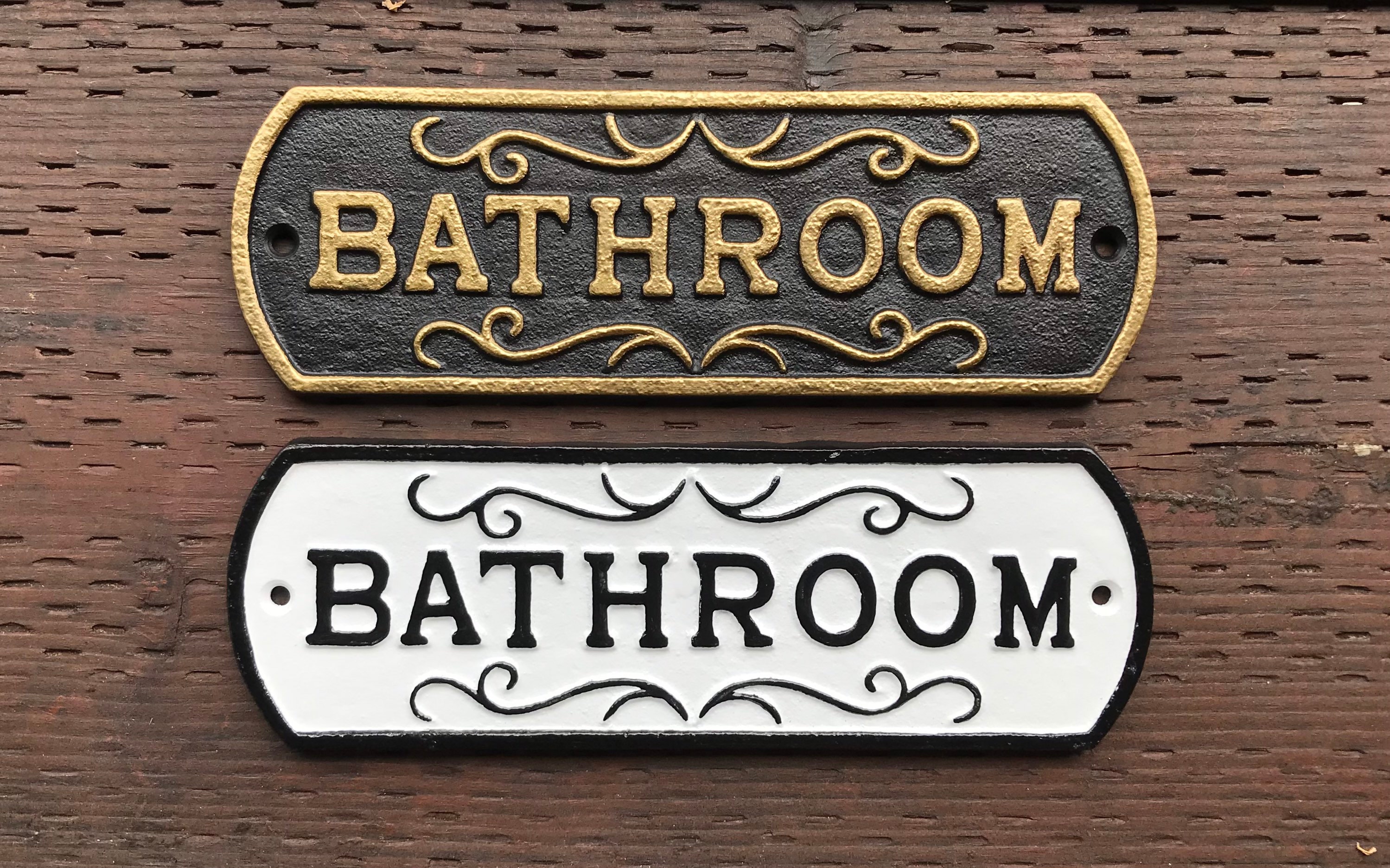 Bathroom Sign, Antique Style, Cast Iron, 10" Wide, 3" Tall,  Available in White & Black, or, Black with Gold Trim.