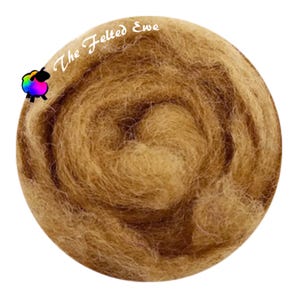 May include: A circular bundle of light brown wool roving, tightly wound in a spiral pattern. The text "The Felted Ewe" is arched across the top, with a colorful sheep logo on the left. This wool is likely used for needle felting or other fiber crafts.