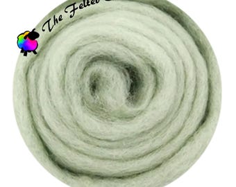 May include: A tightly coiled, light green wool roving. The image features a circular arrangement of the wool, showcasing its soft texture. The text "The Felted Ewe" is arched above the wool, with a colorful sheep logo.