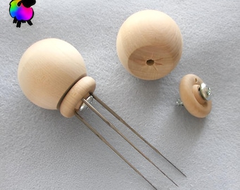 May include: A wooden felting tool with three needles attached to a wooden base. The tool is used for felting wool and other fibers. The tool is shown on a white surface.