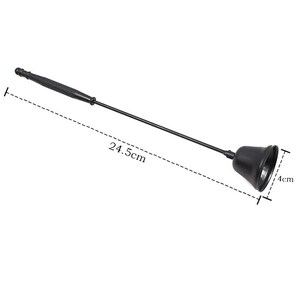 May include: A black metal bell on a long black handle. The handle is 24.5 cm long and the bell is 4 cm wide.